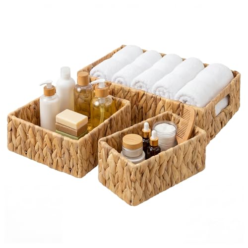 GRANNY SAYS Wicker Baskets for Shelves, Large Water Hyacinth Baskets | Small Woven Storage Baskets for Shelf, Rattan Basket for Organizing, Wicker Basket Set, 3-Pack Small Baskets - color: Natural(Water Hyacinth), size: 14¼"Lx9"Wx4"H + 8"Lx8"Wx3½"H + 8"Lx