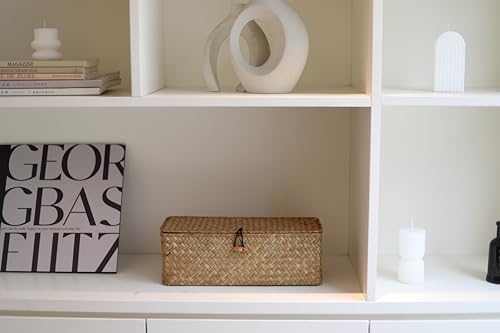 Seagrass Woven Storage Basket with Lid, Rectangular Narrow Tampon Toilet Tank Organizer - color: 3 Section with Lid