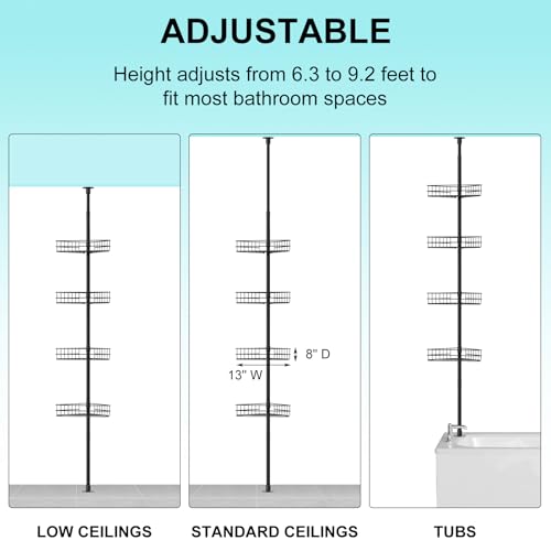 Garvee Corner Shower Caddy Tension Pole, 76 in-110 in Adjustable Bathroom Organizer Shelves, 4-Tier Rustproof Bathroom Shelves with Built-In Towel Bars to Space-Saving, Black | Adjustable Bathroom Shelf Organizer, Rust-Resistant Floor to Ceiling Storage R