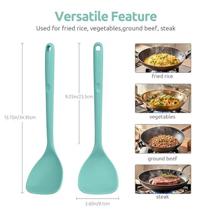 U-Taste 600ºF High Heat 16in Silicone Kitchen Tong and 600ºF Heat Resistant 13.76" Long, 3.63" Wide Wok Spatula for Kitchen Stir Fry (Aqua Sky)