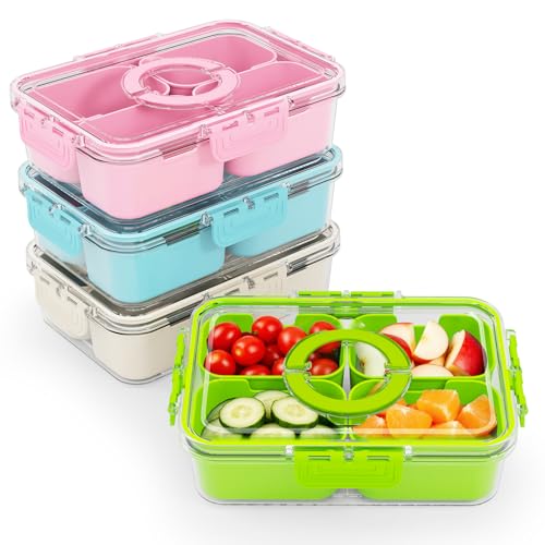 Small Snack Box Containers for Adults Men Women with 4 Compartments,Reusable Bento Box Adult Food Trays for Fruit,Charcuterie,Green Lunch Box Divided Serving Tray with Lid and Handle for Work Travel - color: Green 4 Compartments with Handle (1pcs)