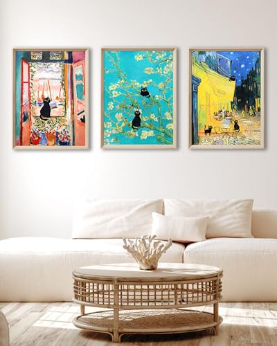 UPWOIGH Classic Art Black Cat Framed Wall Art, 12 x 16 Inch, Set of 3 | Matisse and Van Gogh Inspired Scenes, Colorful Black Cat Prints, Beige Oak Wood Frames for Bedroom, Office and Gallery Wall - color: Pink and Yellow
