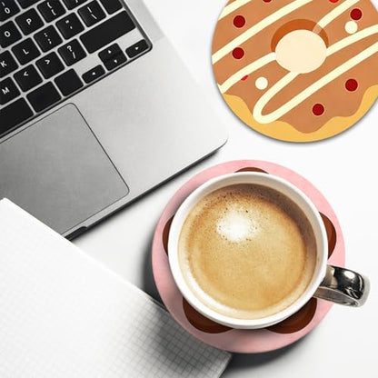 Sweet Dessert Ceramic Coasters with Holder Set of 6 | Donut Cookie Absorbent Drink Cup Mat for Coffee Table Protection, 4'' Bakery Cafe Home Kitchen Decor Housewarming Gifts