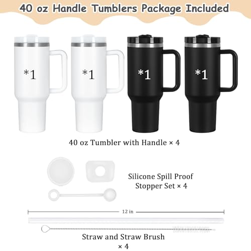 4 Pack 40 Oz Tumblers with Handle Bulk, Double Wall Vacuum Insulated Stainless Steel Tumblers with Lid and Straw, 40 oz Cups with Silicone Spill Proof Stopper Set (Black-2,White-2) - color: Black-2,White-2