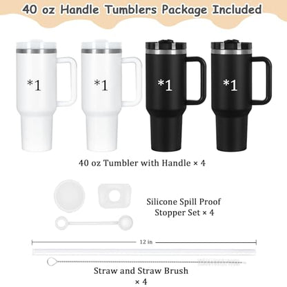 4 Pack 40 Oz Tumblers with Handle Bulk, Double Wall Vacuum Insulated Stainless Steel Tumblers with Lid and Straw, 40 oz Cups with Silicone Spill Proof Stopper Set (Black-2,White-2) - color: Black-2,White-2