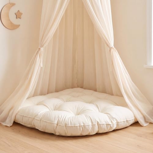 Yookeer Triangle Floor Pillow 40 Inch Cream Tufted Corner Floor Cushion Thickened Soft Window Seat Cushion Washable Meditation Mat for Living Room Bay Balcony Reading