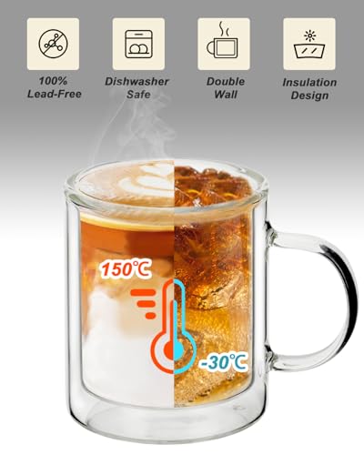 LIBWYS 12oz Double Wall Coffee Mugs (4-Pack) - Insulated Borosilicate Glass Cups with Handle for Espresso, Cappuccino, Latte - Heat Resistant, Dishwasher Safe Hot/Cold Beverage Glasses 350ml - size: 4x12oz clear mugs