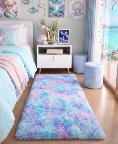 Adorable Rainbow Rugs for Bedroom Girls 2x4 Ft, Soft Purple Shag Tent Rugs | Fluffy Fuzzy Carpet for Livingroom, Bedside, Kids Room, Nursery, Home Decor, Plush Mermaid Kawaii Throw Pink Rug - color: 1- Rainbow Purple, size: 2' x 4' (Rectangular)