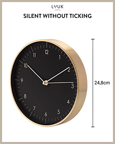 Modern Silent Quartz Wall Clock, 10in, Black & Gold | Chic & Minimalist, Non-ticking, Analog, Arabic numerals, Easy-to-read, Battery operated, for Living Room, Mantel, Foyer - color: Black & Gold, 10"