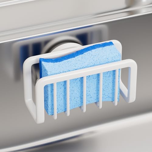 TAILI Sink Caddy with Strong Suction Cup, Sponge Holder for Kitchen-White | Sponge Caddy for Kitchen Sink Oganizer, Removable Rustproof Aluminum Sponge Holder for Dish Brush, Scraper, Scrubber - color: White, size: 5.1" x 2.3"