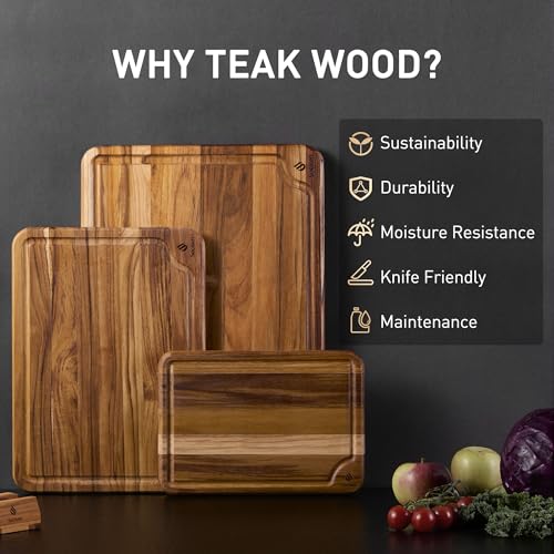 3 Pack Teak Wood Cutting Board Set for Kitchen Charcuterie Board Serving Heavy Duty Non Toxic Slip Over Sink Solid Thick Haus Wooden Chopping Board Large Big Small Meat Best Kitchen Mother Gift - style: Set of 3 with Holder