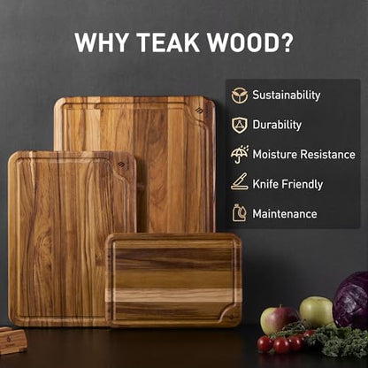 3 Pack Teak Wood Cutting Board Set for Kitchen Charcuterie Board Serving Heavy Duty Non Toxic Slip Over Sink Solid Thick Haus Wooden Chopping Board Large Big Small Meat Best Kitchen Mother Gift - style: Set of 3 with Holder
