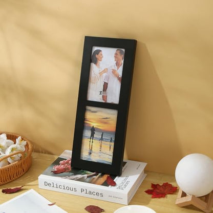 7x5 2-Opening Collage Picture Frame Black Wood | Two 5x7 openings, shatter-resistant glass, tabletop & wall mounting - size: 7x5 - 2 Opening
