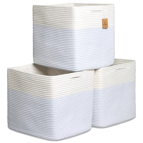 NaturalCozy 13x15x13 Kallax Storage Cubes Bins, 3 Pack | Cotton Rope Cube Storage Bin Woven Baskets for Organizing | Kallax Insert Storage Baskets for Shelves Organizer, Kids Toy, Closet Baby Nursery - color: Off White & Mixed Blue, size: 15 x 13 x 13 (Ka