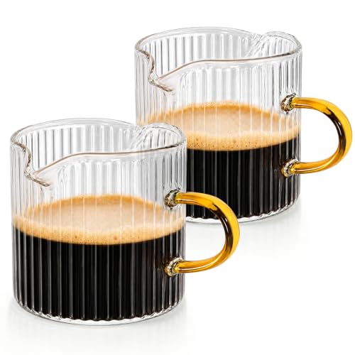 4OZ Glass Espresso Shot Cups Set with Gold Handle, Coffee Bar Accessories | Set of 2, double spouts cup clear milk cup