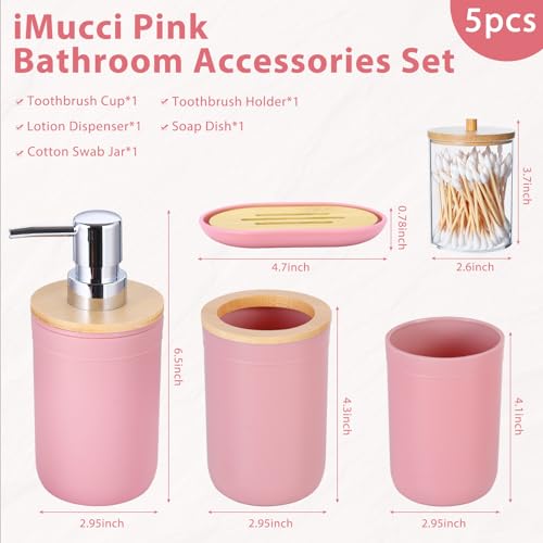 Bathroom Accessories Set 5Piece Pink Bathroom Sets, Toothbrush Holder, Toothbrush Cup, Lotion Soap Dispenser, Soap Dish and Qtip Holder Bathroom Decor - style: Pink