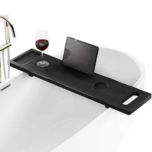 TINAMO 39" Black Wooden Bathtub Caddy with Spot for Phone/Tablet, Accessory | Acacia Wood, Adjustable Legs, Easy Assembly, Fits Most Tubs, Wide Storage for Bath Essentials, Integrated Handle - color: Black, size: 39" x 9.8" x 2.5"