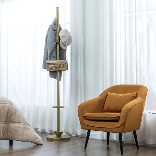 MyGift Freestanding Coat Rack, Modern Brass Tone Metal Hat Organizer Tree and Umbrella Holder Stand with 6 Hanger Hooks for Hanging Clothes Purse Bag Jacket - color: Brass