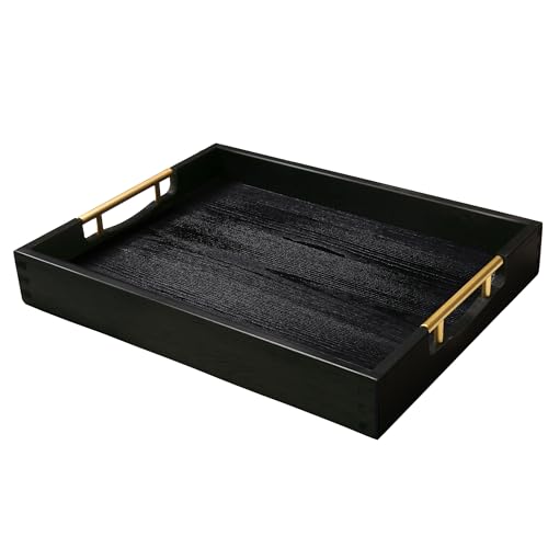 LotFancy 17x13 Inch Wood Serving Tray with Metal Handles, Black | Ottoman Decorative Tray Platter with 2 Silicone Coasters for Coffee Tables, Breakfast, Décor and Organizing - color: Black