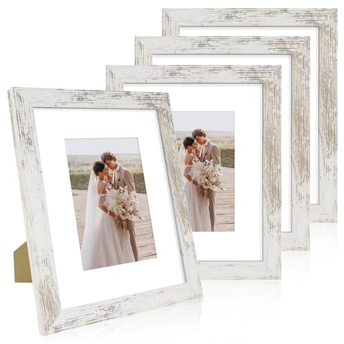 Hongkee 8x10 Picture Frame Set of 4, Made of Real Glass and Distressed White Wooden Frame, 8 by 10 Photo for Wall or Tabletop - Display Picture 5x7 with Mat or 8x10 Without Mat - color: Distressed White, size: 8x10 in