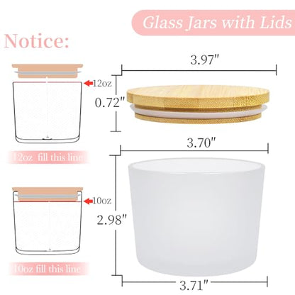 CONNOO 8 Pack 12 OZ Frosted Glass Wide Mouth Candle Jars | Airtight Bamboo Lids, Sticky Warning Labels, Empty Container Bulk, Dishwasher Safe - color: Frosted