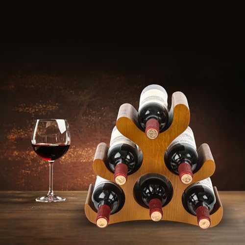 Countertop Wine Rack - 6 Bottle Wooden Wine Rack - Freestanding Wine Bottle Holder Stand - Wine Storage Rack for Cabinet Pantry Bar Kitchen - color: Yellowish Brown