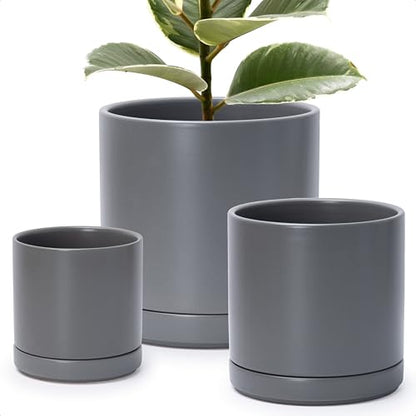 D'vine Dev 3-Pack Ceramic Pots & Saucers, 6/8/10 in, Grey, 94-T-L-3 | Glazed Ceramic, Drainage Hole, Perfect-Fit Saucer, Sleek Cylinder Shape, High Temperature Fired, Elegant Home Accent - color: Gray, size: 6"+8"+10"