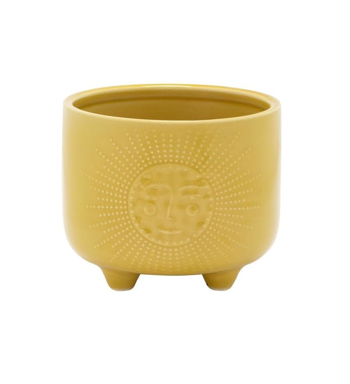 Napco Imports Indoor Outdoor Footed Plant Succulent Herb Flower Pot 4 Inch Ceramic Yellow Sun Face Cache - size: 4-Inch