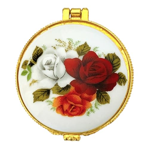 Tiny Round Porcelain Trinket Box | Rose Bouquet | French Style Gift Box with Velvet Bag - style: Rose Bouquet Round