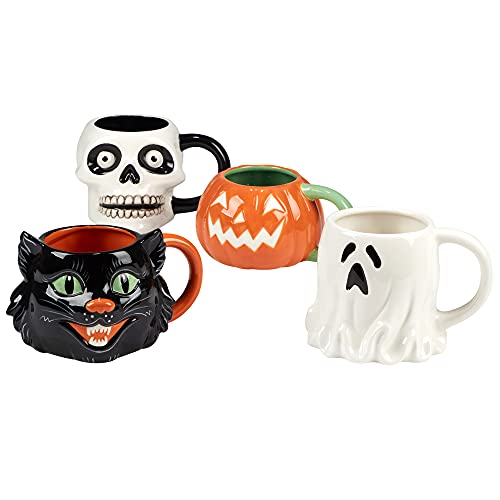 Scaredy Cat 3-D Ceramic Halloween Mugs, Set of 4 – Add spooky fun to your fall mornings with ghost, pumpkin, skull, and black cat designs, perfect for coffee, cocoa, or festive party drinks