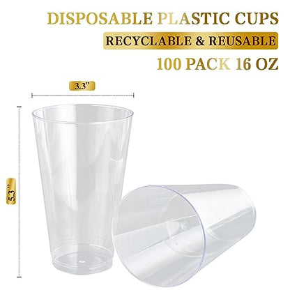 FOCUSLINE 100 Pack 16 oz Clear Plastic Cups, Disposable Cups Large Reusable Plastic Tumblers, Heavy-duty Clear Hard Cups 16 Ounce for Wedding Party, Thanksgiving, Halloween, Christmas - color: 16 oz Clear