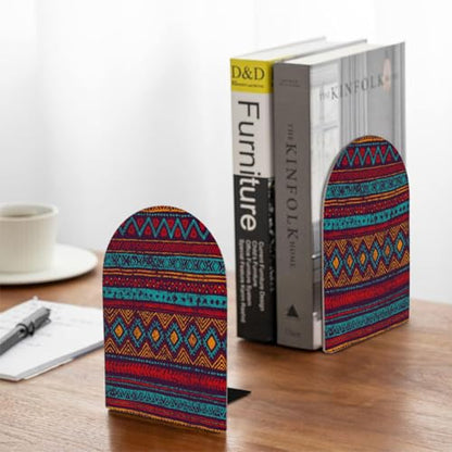 Retro Enthic Mandala Geometric Wooden Print Book Ends Decorative Wood Bookends for Shelves Heavy Books, Non-Skid Book Stoppers, 1 Pair/2 Pieces - size: Large