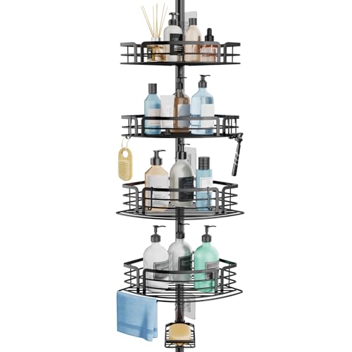 Consumest Corner Shower Caddy Tension Pole - Rustproof Shower Shelves with Towel Bar & Soap Holder, Adjustable Bath Organizer for Bathroom Storage, 27.6-108.3 inch, Black - color: Black