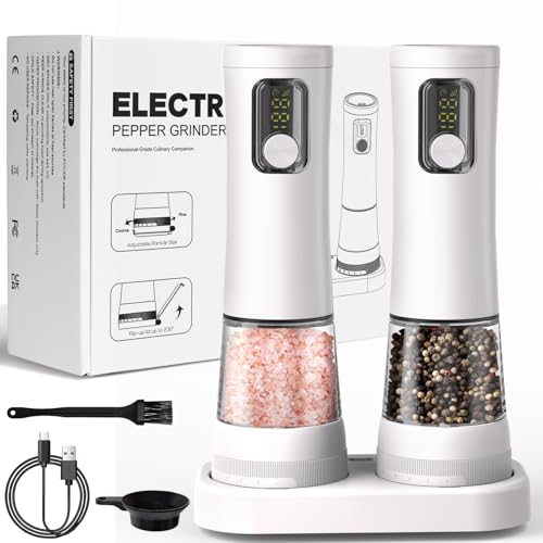 Electric Salt and Pepper Grinder Set, Rechargeable Automatic Pepper Mill,with Charging Base,5 Level,Display,LED Lighting,Large Capacity,Kitchen Gift - color: White-A
