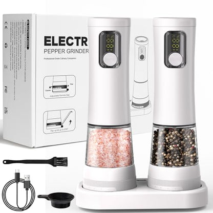 Electric Salt and Pepper Grinder Set, Rechargeable Automatic Pepper Mill,with Charging Base,5 Level,Display,LED Lighting,Large Capacity,Kitchen Gift - color: White-A