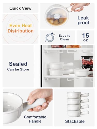 LE TAUCI Soup Bowls with Handles and Silicone Lids, 15 Oz French Onion Soup Bowls, Non-Toxic Ceramic Soup Crocks for Noodles, Stew, Cereal and Chilli, Oven Microwave Dishwasher Safe, Set of 4, White - color: White