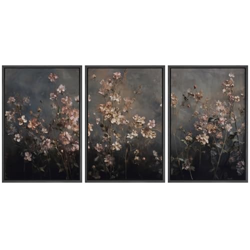 SIGNFORD Framed Canvas Print Wall Art Set Moody Dark Floral Illustrations Modern Art Relax/Calm for Living Room, Bedroom, Office - 16"x24"x3 BLACK - color: AS06-2604-M05, size: 16"x24"x3 Panels Black