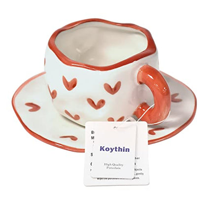 Koythin 10oz Irregular Ceramic Mug With Saucer, Red Heart Latte Tea Cup | 300ml Creative Heart Cup, Dual Safe Ceramic; Home Office Use, Lovely Women Gift - color: Red Heart
