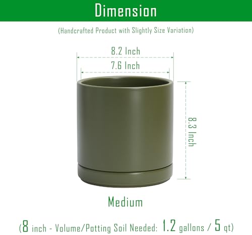 D'vine Dev 8.2 Inch Ceramic Planter Pot, Olive, 94-O-D-J | Modern Cylinder Design, Drainage Hole & Saucer Included, Stable Structure, Elegant Home Accent - color: Olive, size: Medium