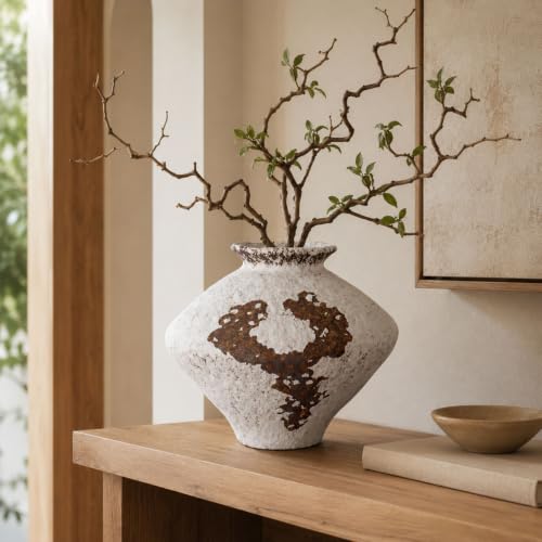 Wabi Sabi Rusty Vintage Vase, 11.4" Tall Wabi Sabi Decor Rustic Farmhouse Pottery Vase for Centerpiece, Textured Pottery Flower Vases for Home Decor, Table, Living Room, Bathroom, Kitchen - color: Distressed Charcoal White, size: 11.4 in