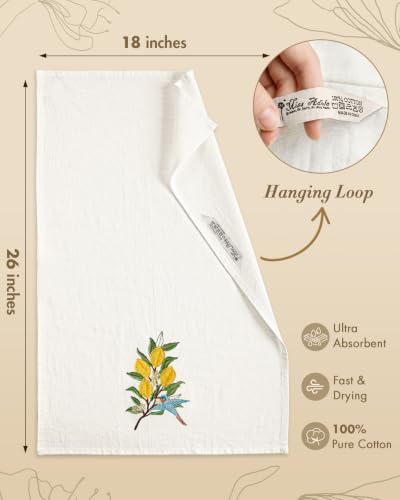 Embroidered Flour Sack Kitchen Towels, Lemon Branch | Exquisite Embroidery, Pure Cotton, Lightweight, Nostalgic Design, with Hanging Loop, Softer After Wash, Machine Washable - color: Lemon Branch