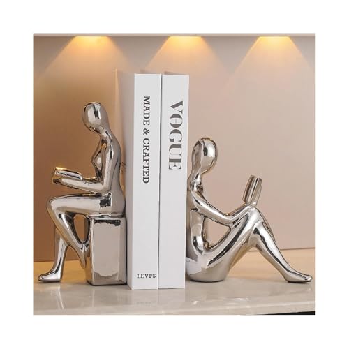 Room Decor Abstract Figure Ceramic Book Ends for Heavy Books Unique Design Fun Desk Accessories(Silver) - color: Silver