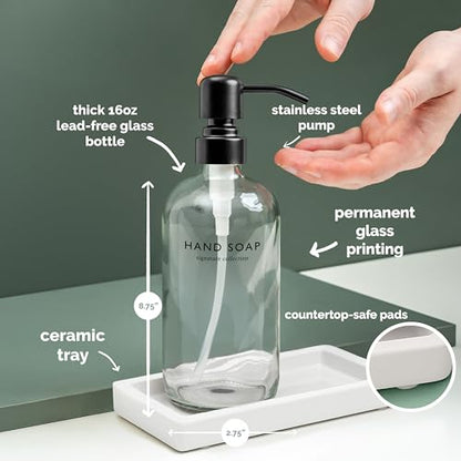 Vine Creations Glass Soap Dispenser Set, Kitchen Soap Dispenser Set with Ceramic Tray, 16 oz Dish Soap and Hand Soap Dispensers with Stainless Steel Pump Decor (Clear Bottle/Matte Black) - color: Clear Bottle / Matte Black Pump