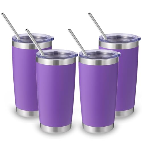 Volhoply 20oz Stainless Steel Tumbler with Lid and Straw Bulk 4 Pack,Double Wall Insulated Travel Iced Coffee Mug Fits Cup Holder,Powder Coated Cups for Hot/Cold Drinks,Gifts for Women（Purple,4 Set） - color: Purple