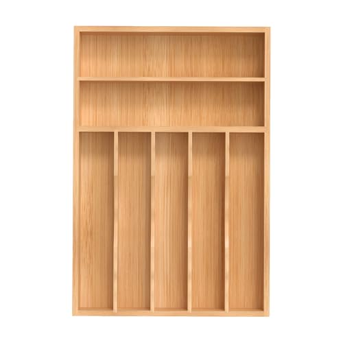 Silverware Organizer, Bamboo Kitchen Drawer Organizer, Utensil Holder, Cutlery Tray & Spoon Flatware Storage with Grooved Drawer Dividers (11''W x 16''D) - color: Natural, size: 11''W x 16''D