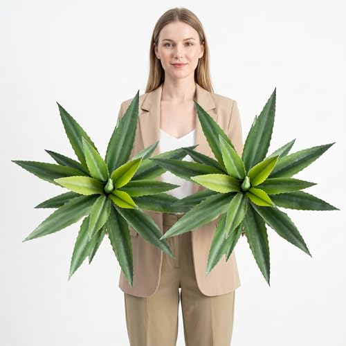 Artificial Agave Plant Outdoor, 22Inch Fake Plants UV Resistant for Indoor, Faux Large Plant Fake Greenery with UV Resistant Decor for Home Porch Garden, Housewarming Gifts（2Pack） - color: Agave-green 22"-2