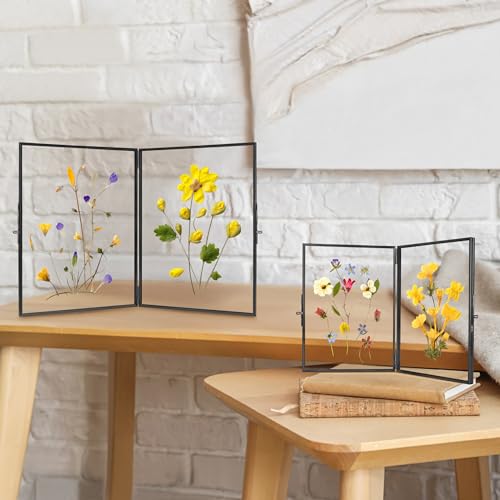REDHUGO Glass Pressed Flower Frame Handmade, Rectangle, Black, 5×7 Inches | Hinged Double Press Flower Frame, Tabletop Brass Photo Frames, Rectangle Dried Flowers Display Folding Frames for Home - color: Black, size: 5L" x 7W"