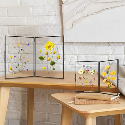 REDHUGO Glass Pressed Flower Frame Handmade, Rectangle, Black, 5×7 Inches | Hinged Double Press Flower Frame, Tabletop Brass Photo Frames, Rectangle Dried Flowers Display Folding Frames for Home - color: Black, size: 5L" x 7W"