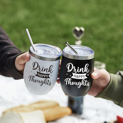 AW BRIDAL Birthday Gifts for Women Men, Drink Happy Thoughts Gift Basket for Housewarming and Beach Camping Travel, Insulated Wine Cooler Bag with Tumbler Mugs and Accessorie Set for Wine Lover Friend - style: Drink happy thoughts