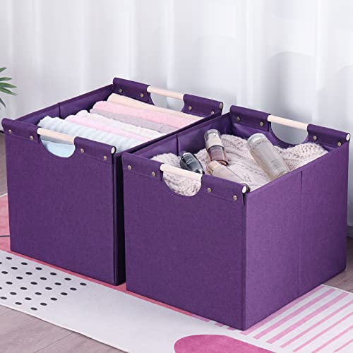 HOONEX Large Collapsible Storage Bins, Linen Fabric, Pack of 2, Storage Baskets with Wooden Carry Handles and Sturdy Heavy Cardboard, for Home, Office, Car, Nursery, Dark Purple - color: Dark Purple